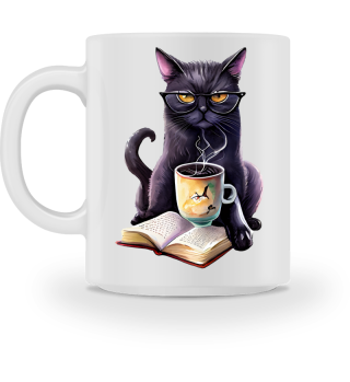Black Cat Reading Book With Coffee