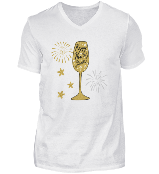 happy new year with gold wine glass fireworks