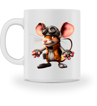 Lustige Kaffeetasse mit einer Maus, die Freude ausstrahlt.