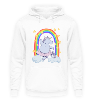Thick rhino unicorn girl dances on the rainbow