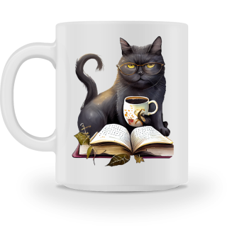 Black Cat Reading Book With Coffee