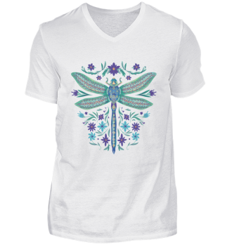 Tiermotiv- T-Shirt- Design mit einer Libelle und Blumen
