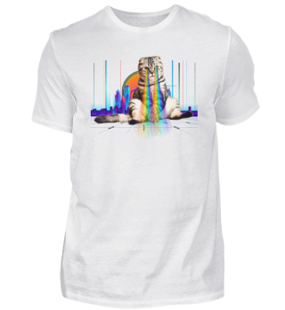 Psychedelic Vaporwave Catzilla with rainbow lasers from eyes print